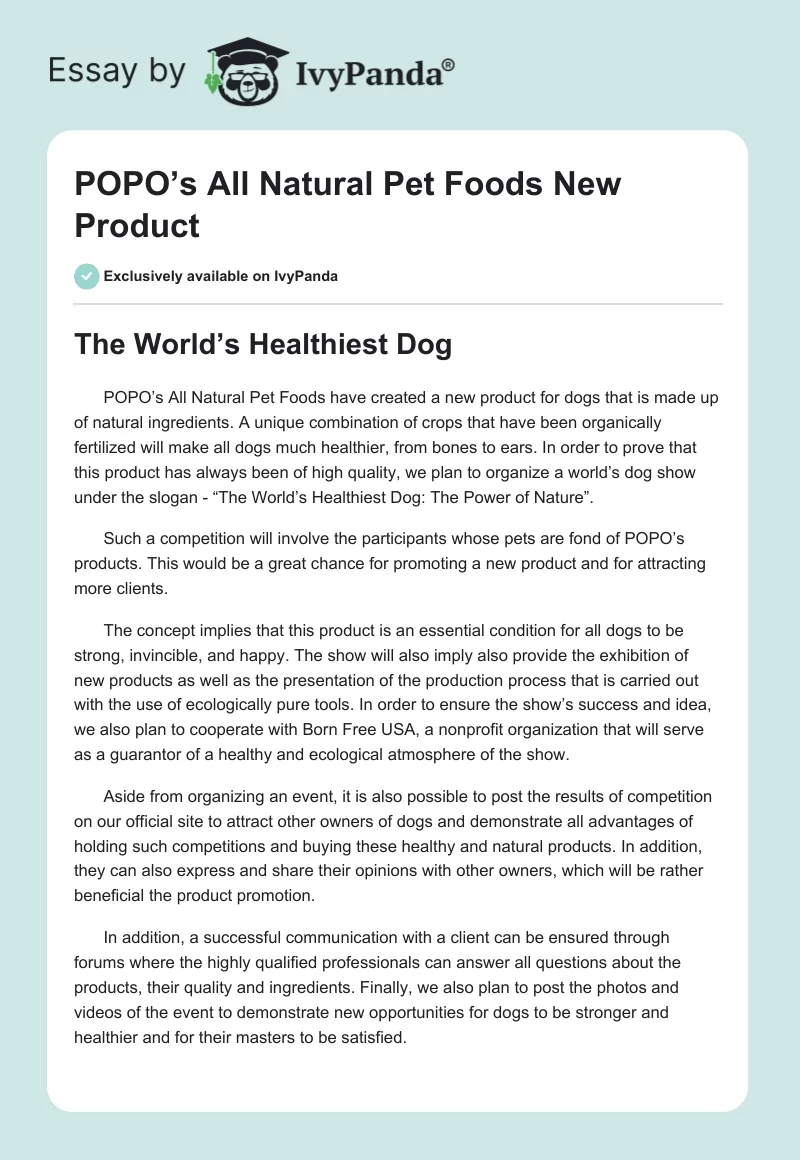POPO’s All Natural Pet Foods New Product. Page 1