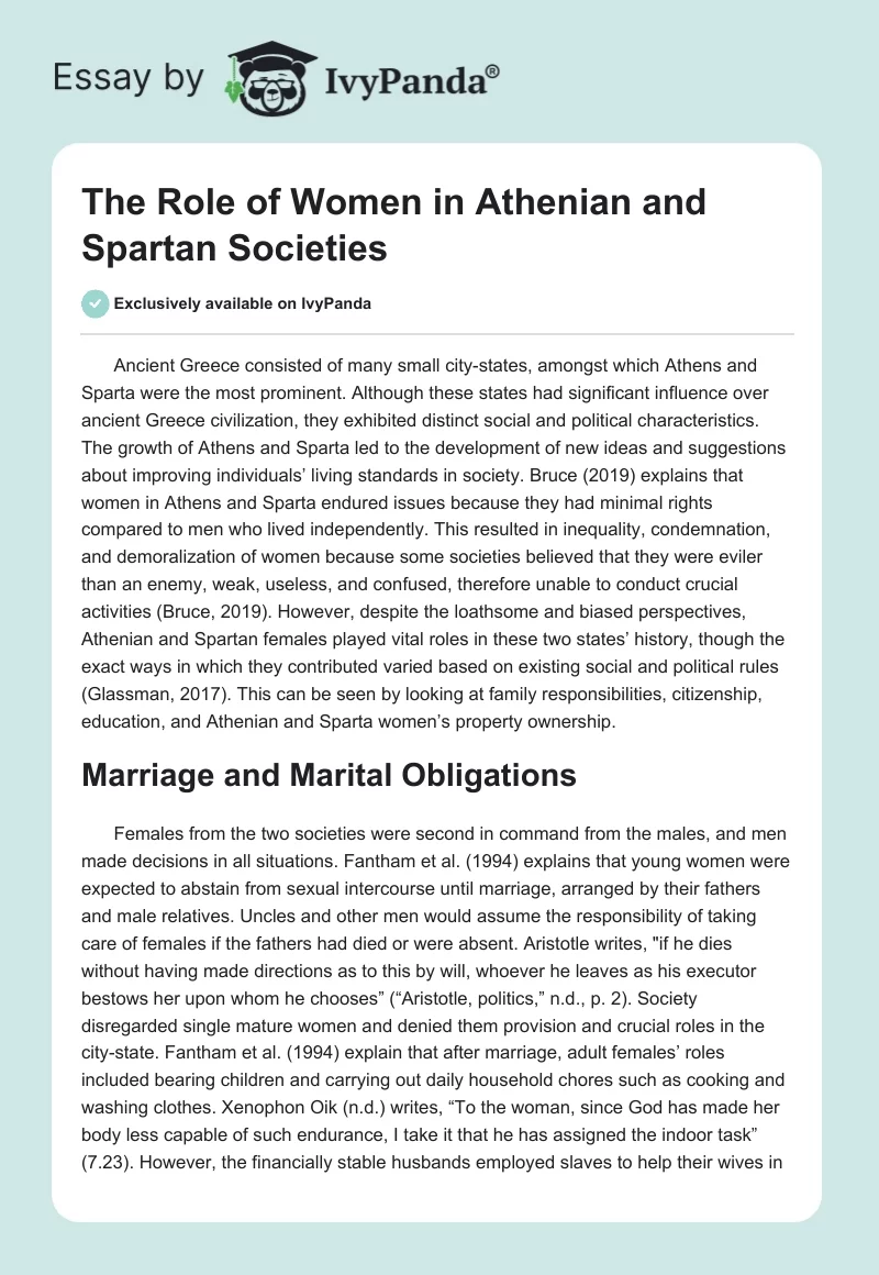 The Role of Women in Athenian and Spartan Societies. Page 1