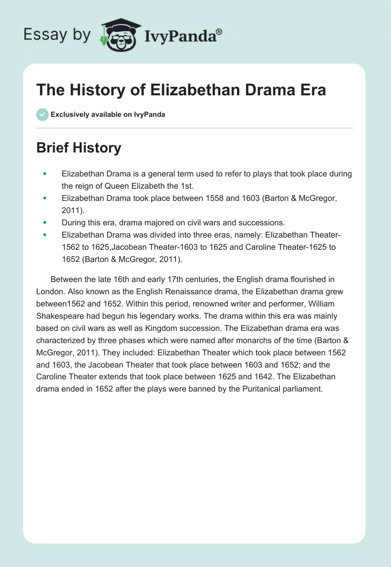The History of Elizabethan Drama Era. Page 1