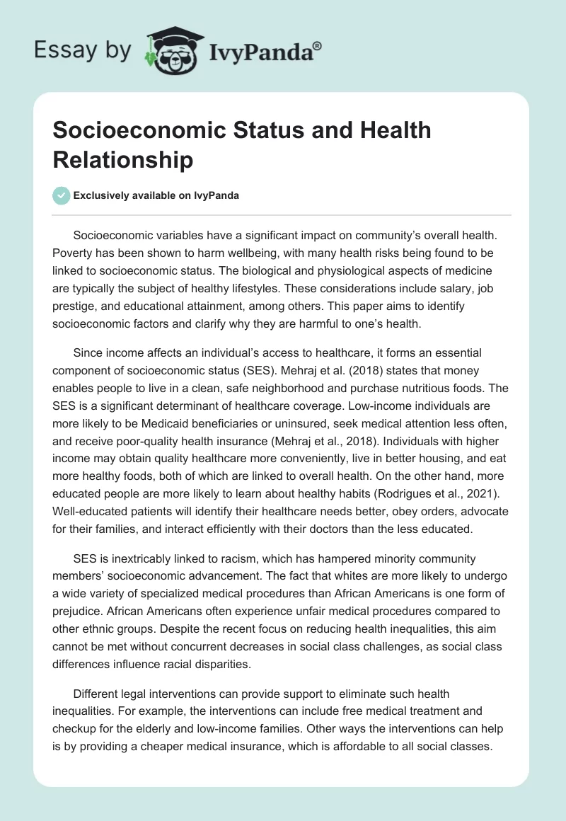 Socioeconomic Status and Health Relationship. Page 1