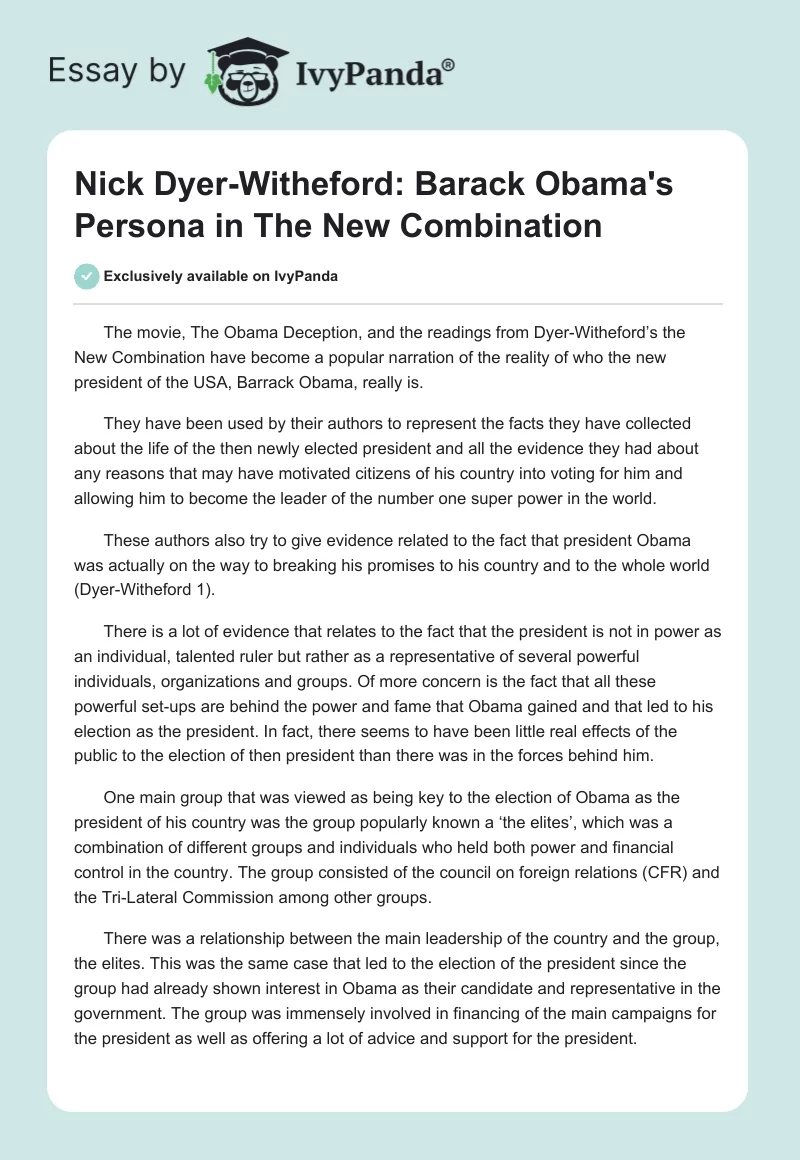 Nick Dyer-Witheford: Barack Obama's Persona in "The New Combination". Page 1