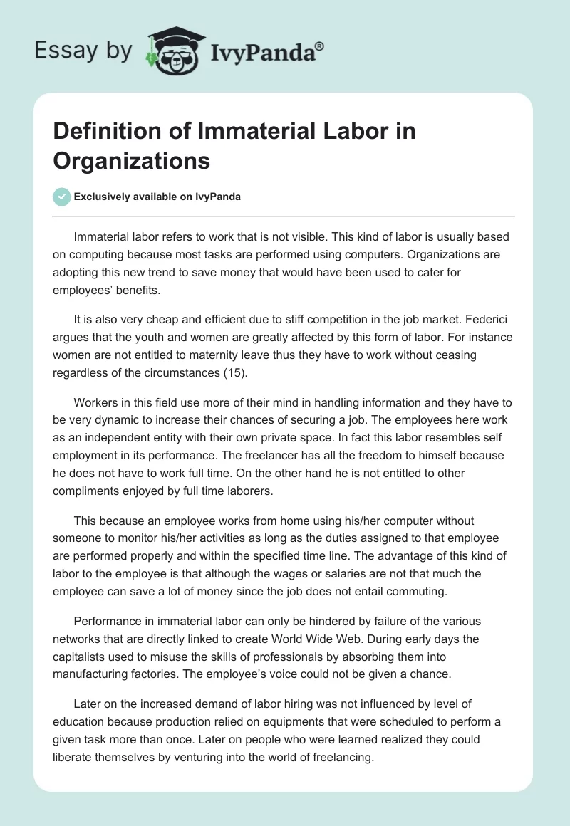 Definition of Immaterial Labor in Organizations. Page 1