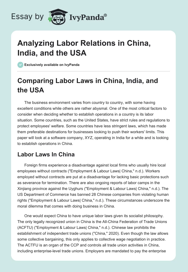 Analyzing Labor Relations in China, India, and the USA. Page 1