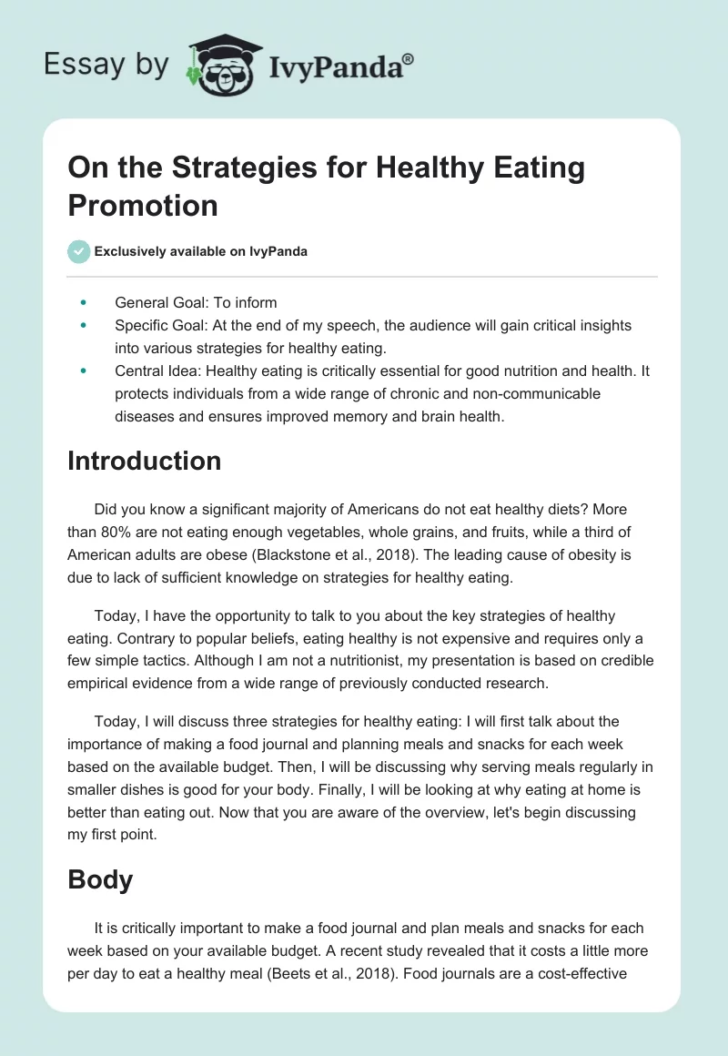 On the Strategies for Healthy Eating Promotion. Page 1