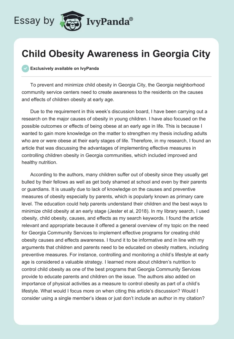 Child Obesity Awareness in Georgia City. Page 1