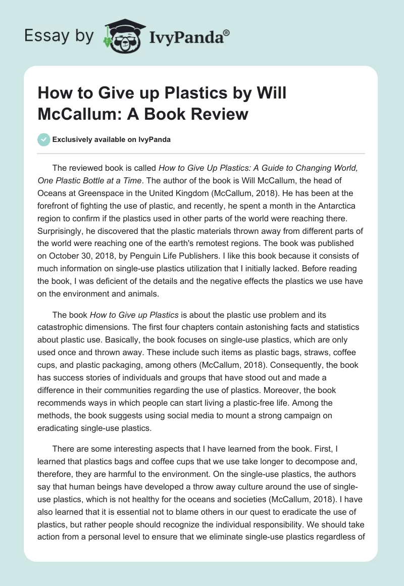 "How to Give up Plastics" by Will McCallum: A Book Review. Page 1