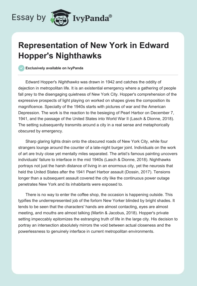 Representation of New York in Edward Hopper's "Nighthawks". Page 1