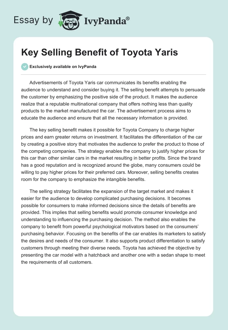 Key Selling Benefit of Toyota Yaris. Page 1