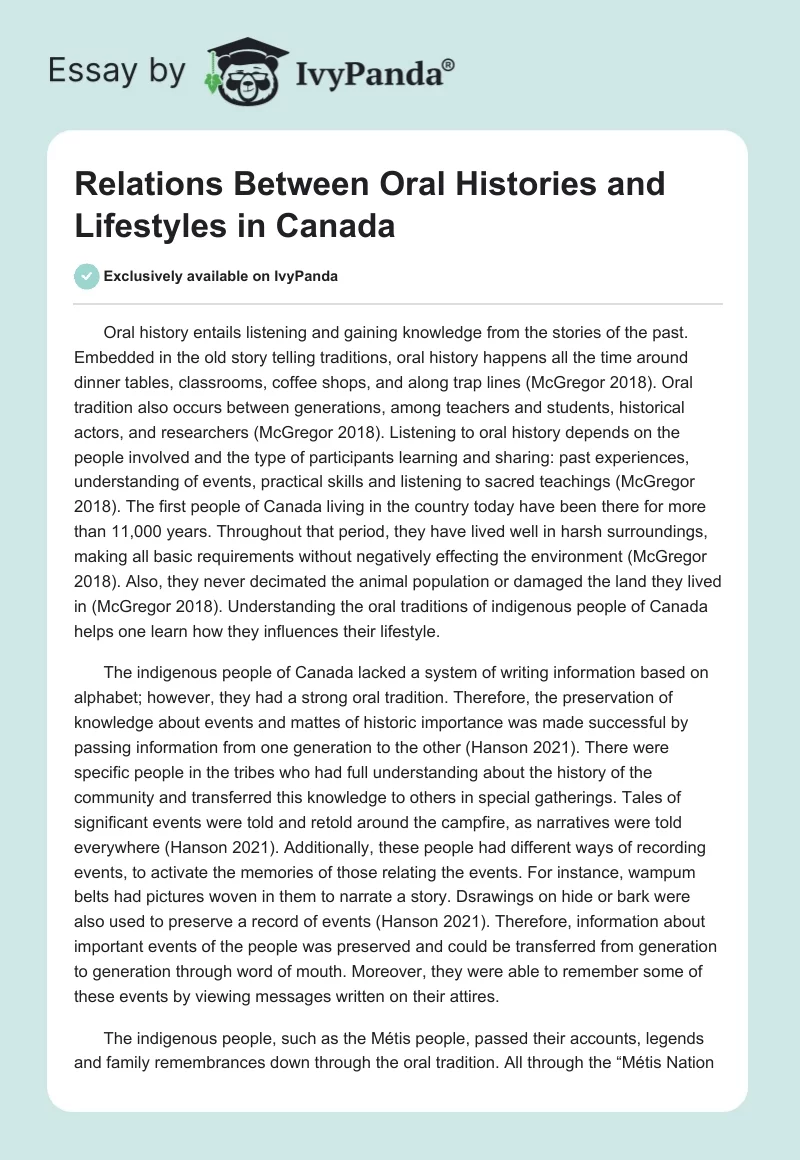 Relations Between Oral Histories and Lifestyles in Canada. Page 1