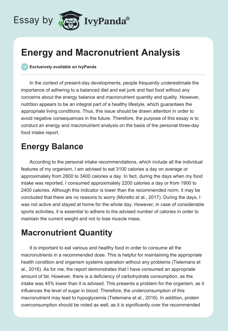 Energy and Macronutrient Analysis - 1675 Words