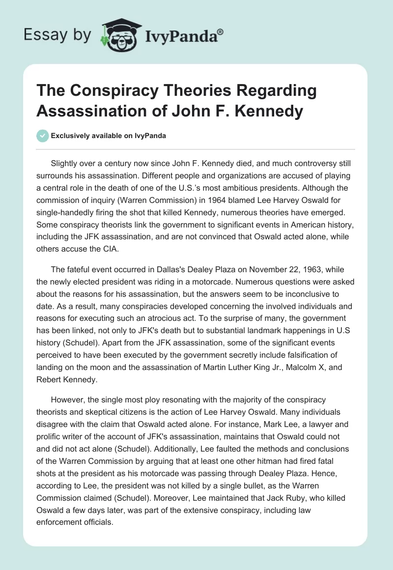 The Conspiracy Theories Regarding Assassination of John F. Kennedy. Page 1