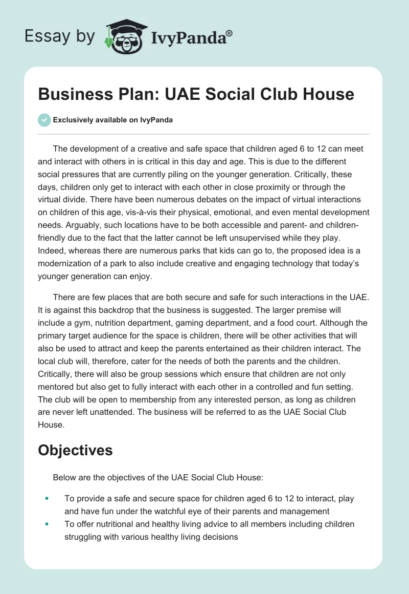Business Plan: UAE Social Club House. Page 1