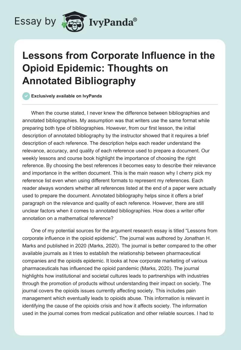 Lessons From Corporate Influence in the Opioid Epidemic: Thoughts on Annotated Bibliography. Page 1