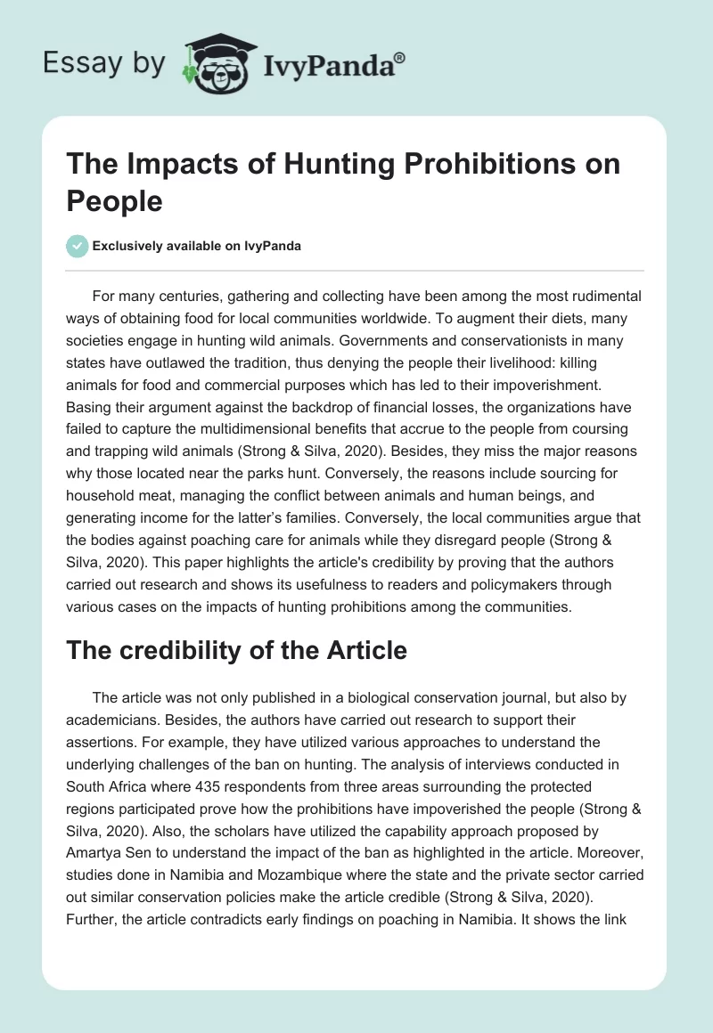 The Impacts of Hunting Prohibitions on People. Page 1