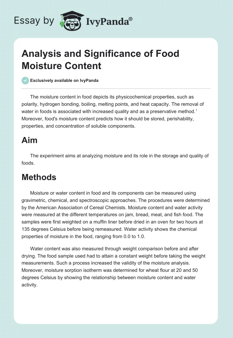 Analysis and Significance of Food Moisture Content. Page 1