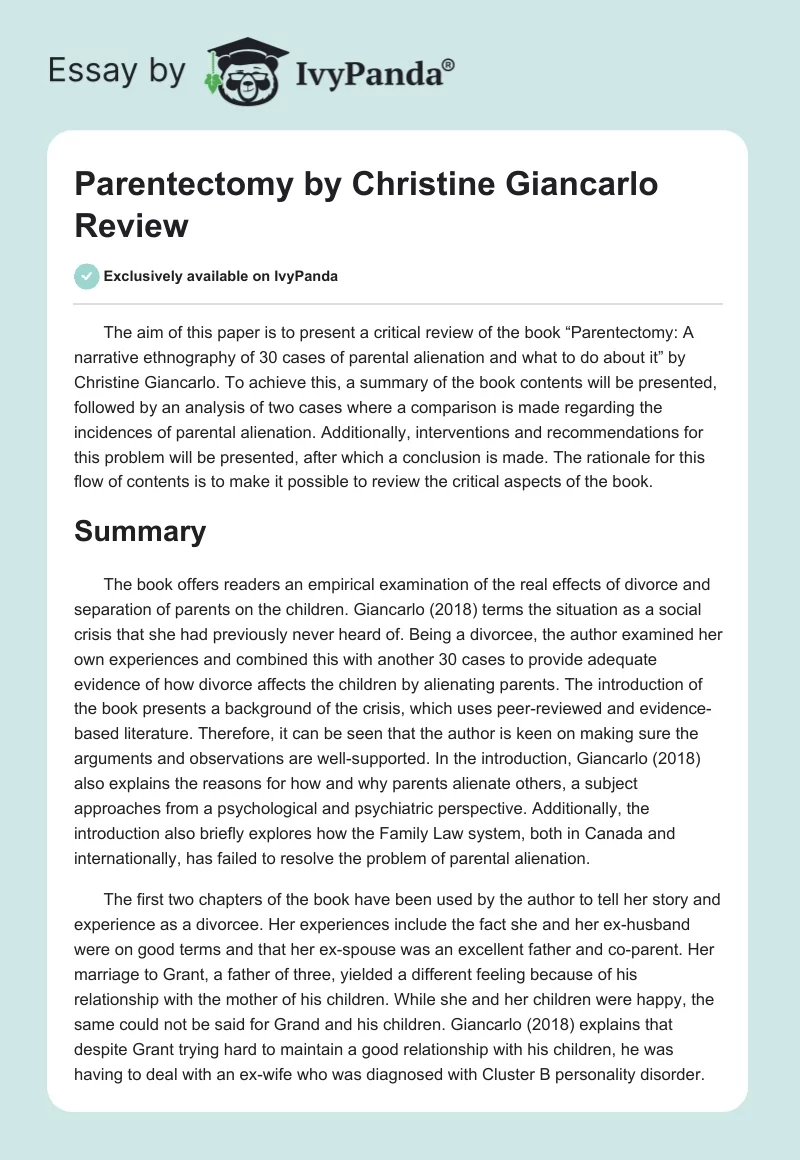 Parentectomy by Christine Giancarlo Review. Page 1