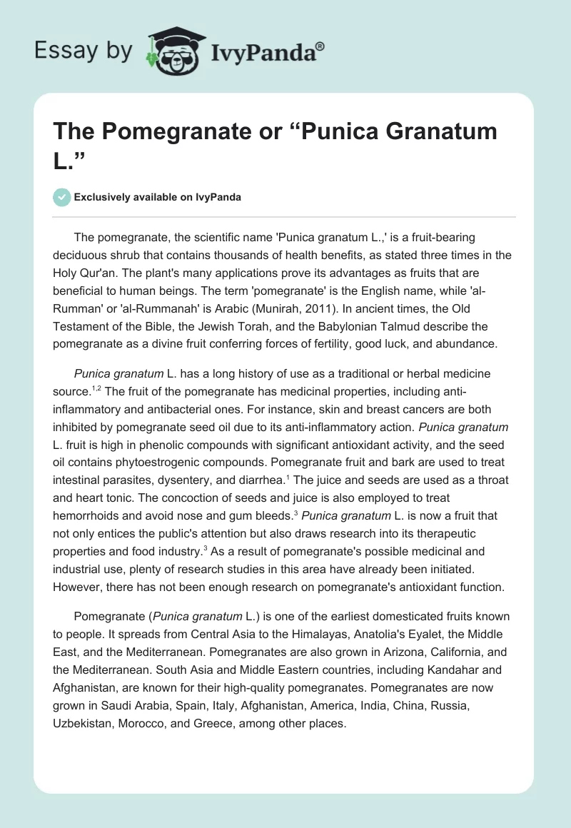 The Pomegranate or “Punica Granatum L.”. Page 1