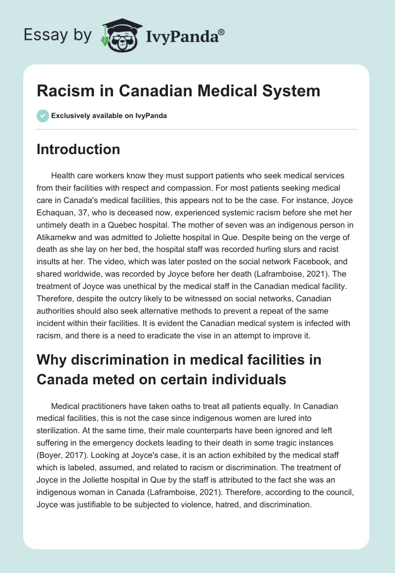 Racism in Canadian Medical System. Page 1