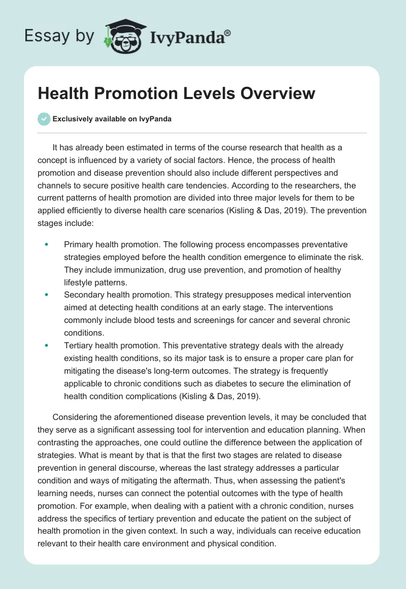 Health Promotion Levels Overview. Page 1