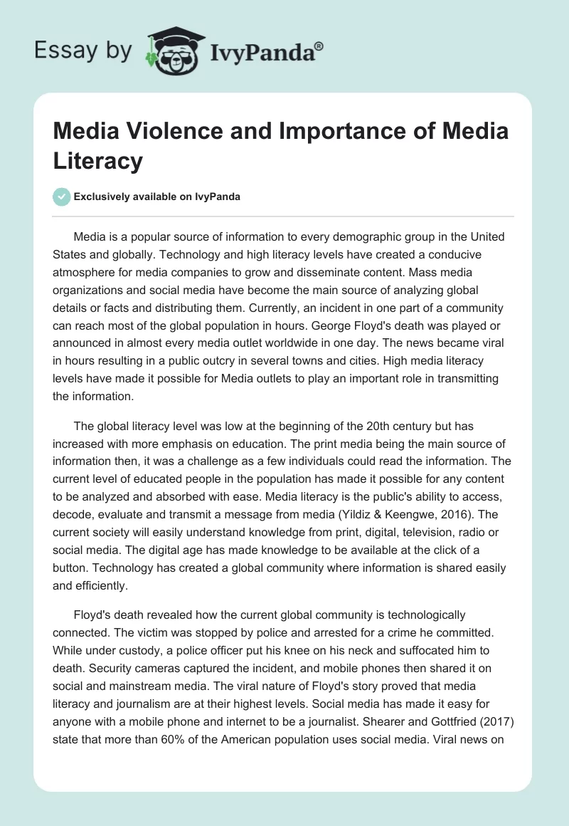 Media Violence and Importance of Media Literacy. Page 1