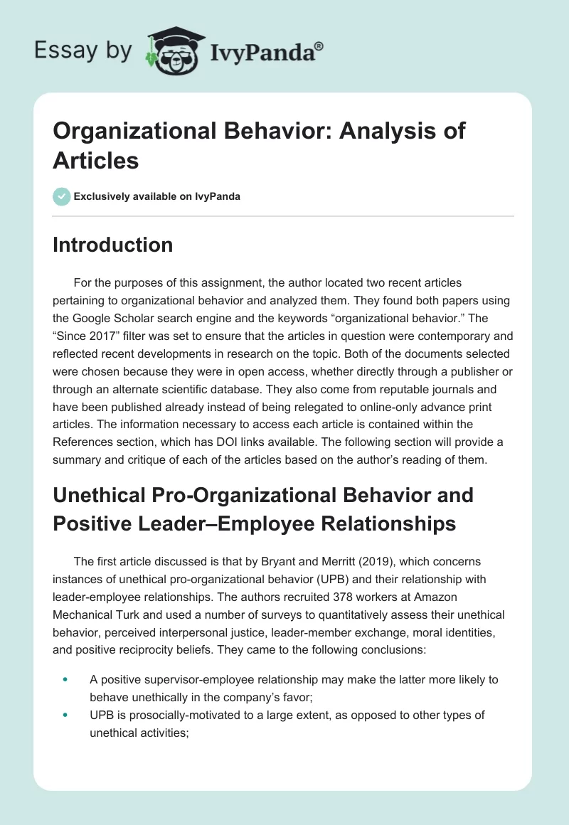 Organizational Behavior: Analysis of Articles. Page 1