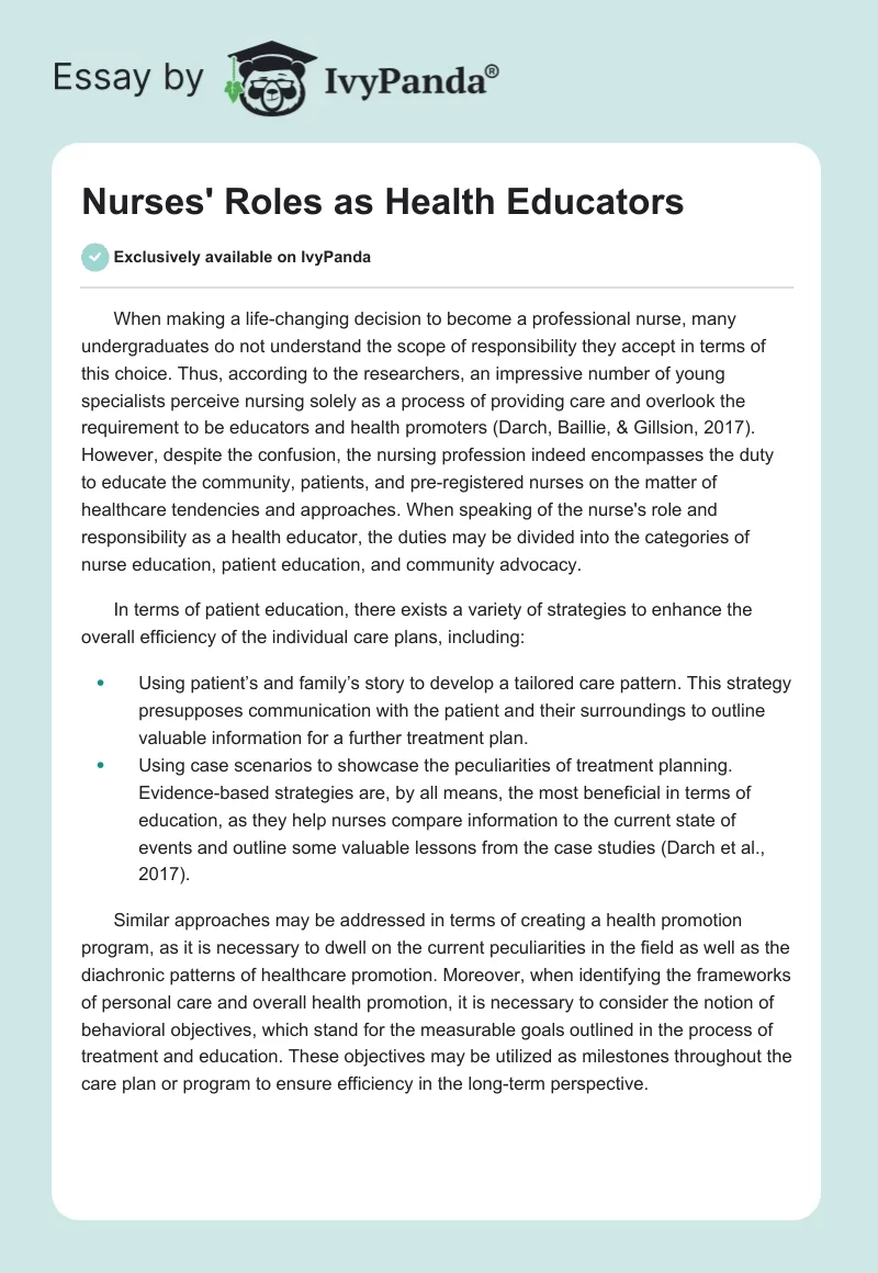 Nurses' Roles as Health Educators. Page 1