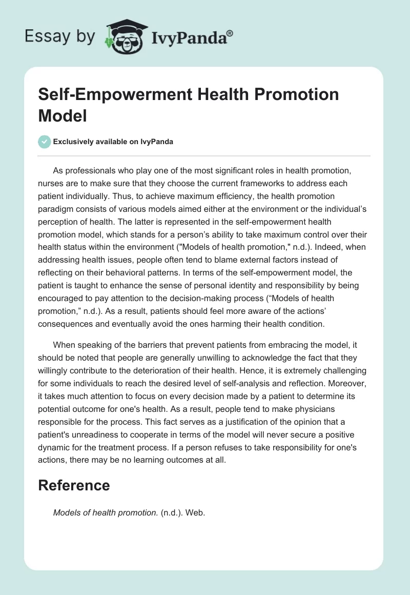 Self-Empowerment Health Promotion Model. Page 1