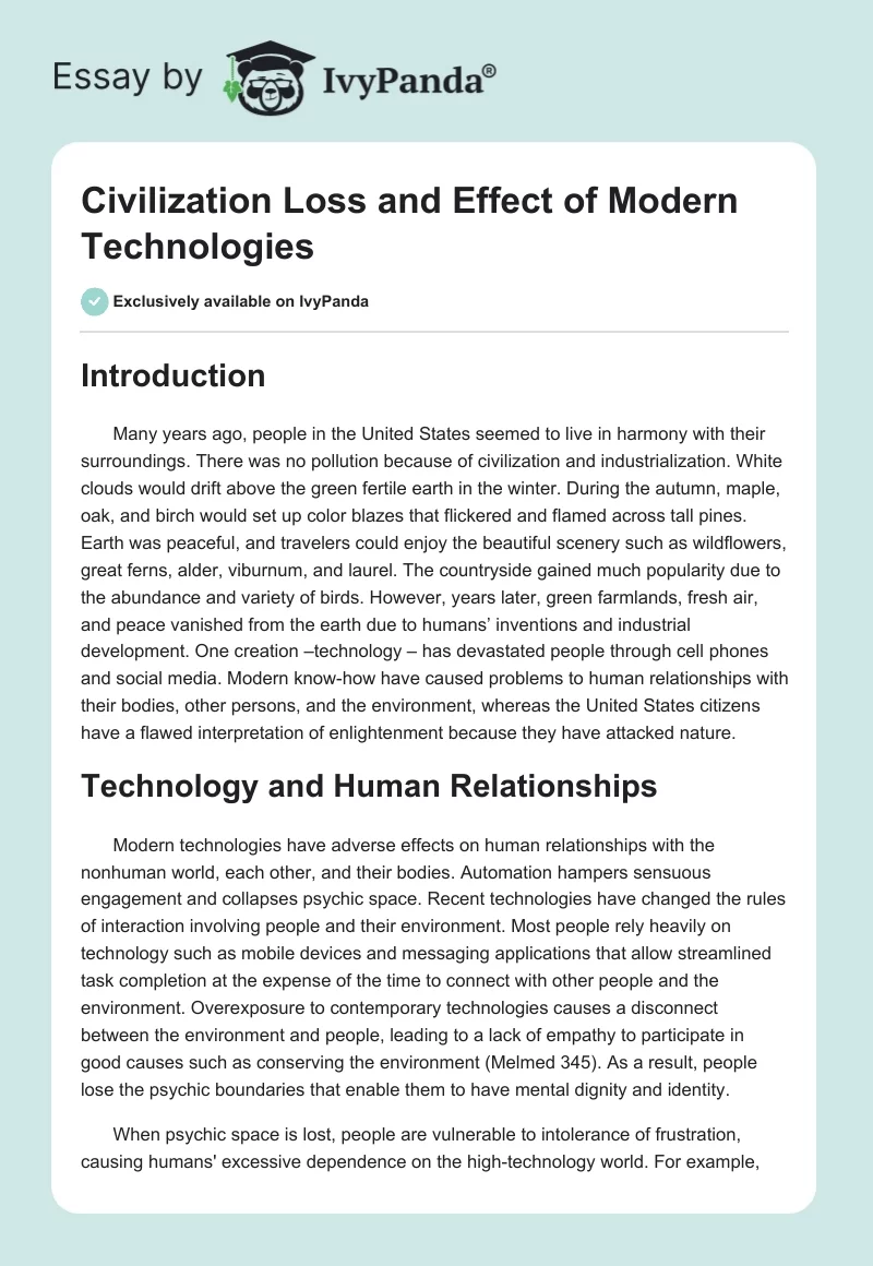 Civilization Loss and Effect of Modern Technologies. Page 1