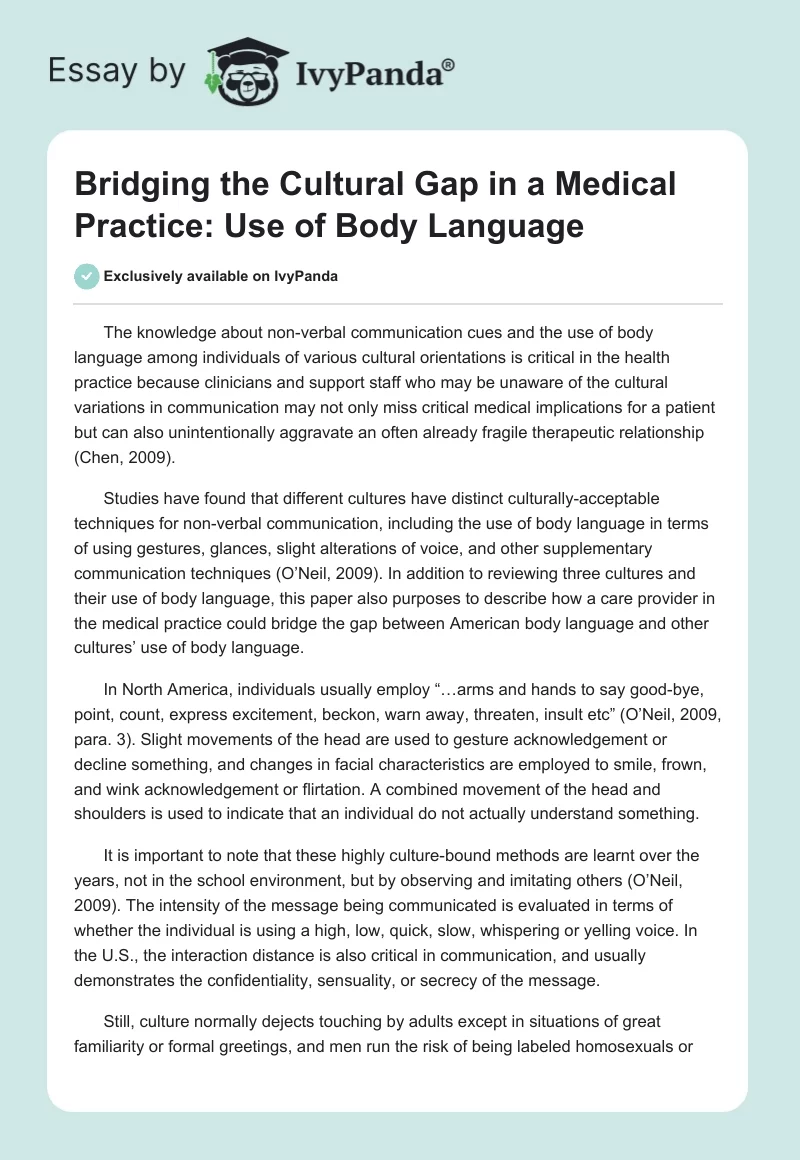 Bridging the Cultural Gap in a Medical Practice: Use of Body Language. Page 1