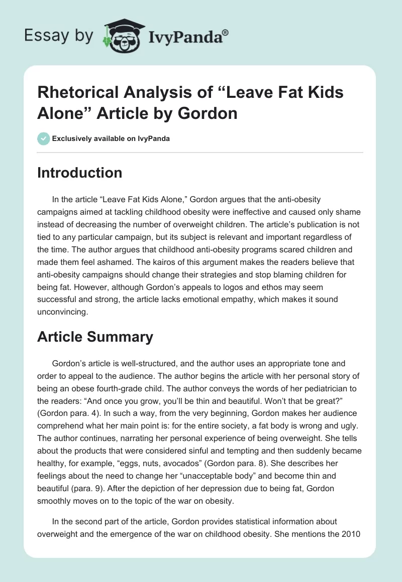 Rhetorical Analysis of “Leave Fat Kids Alone” Article by Gordon. Page 1