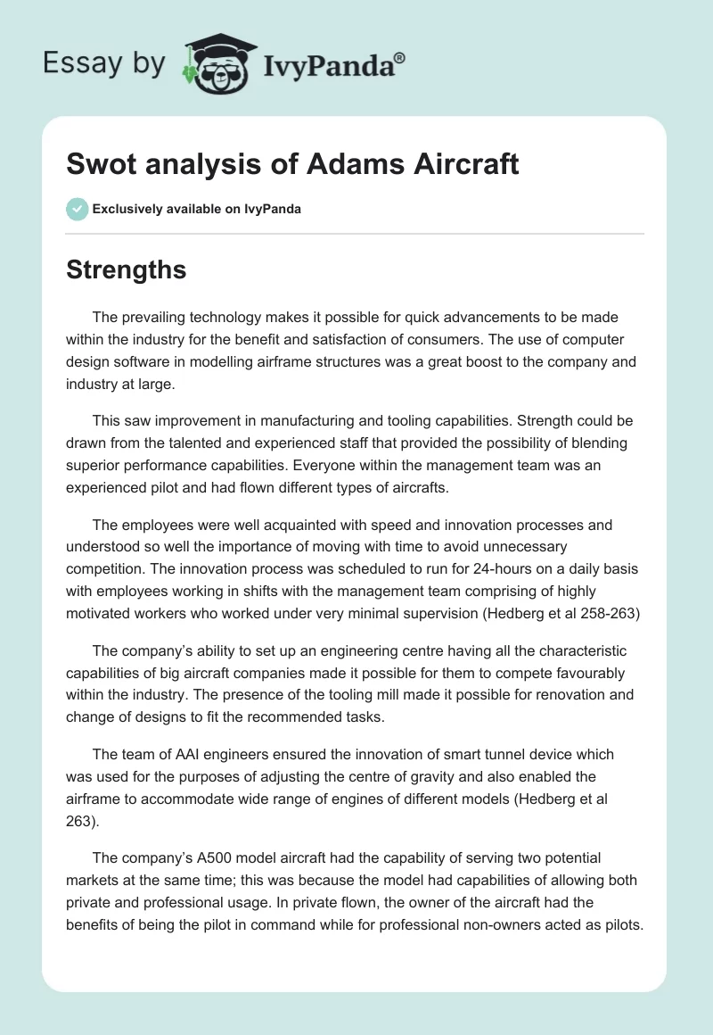 Swot analysis of Adams Aircraft. Page 1