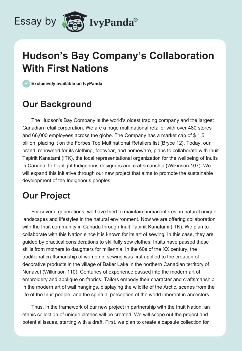 Hudson’s Bay Company’s Collaboration With First Nations. Page 1