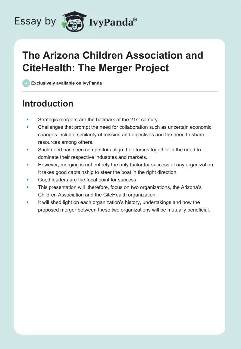 The Arizona Children Association and CiteHealth: The Merger Project. Page 1