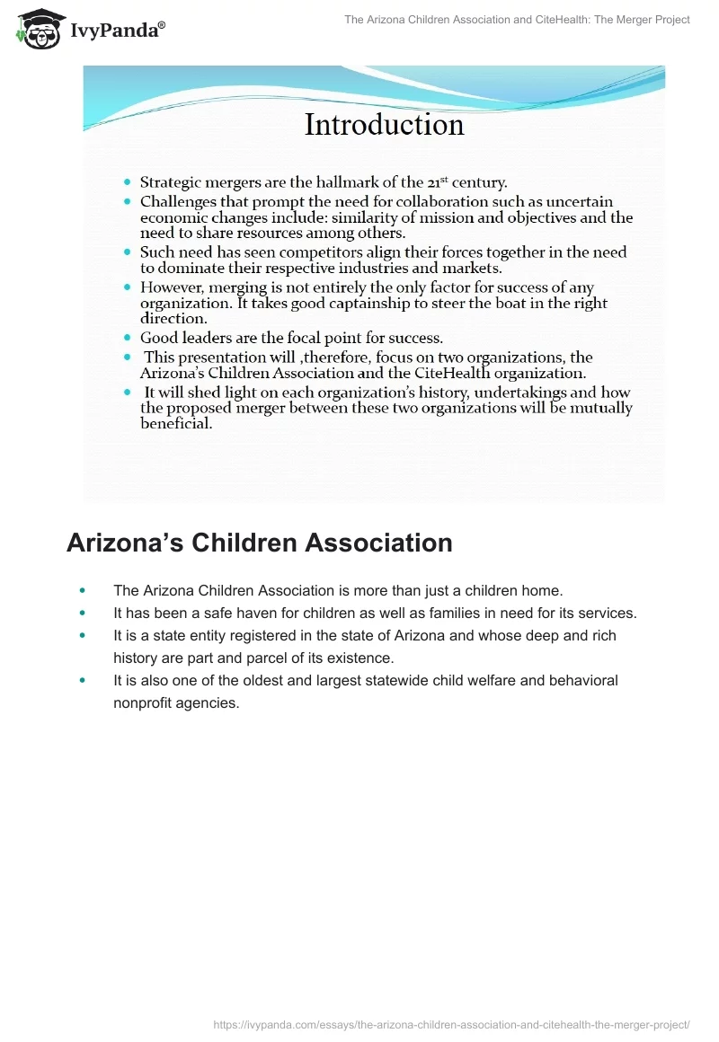 The Arizona Children Association and CiteHealth: The Merger Project. Page 2