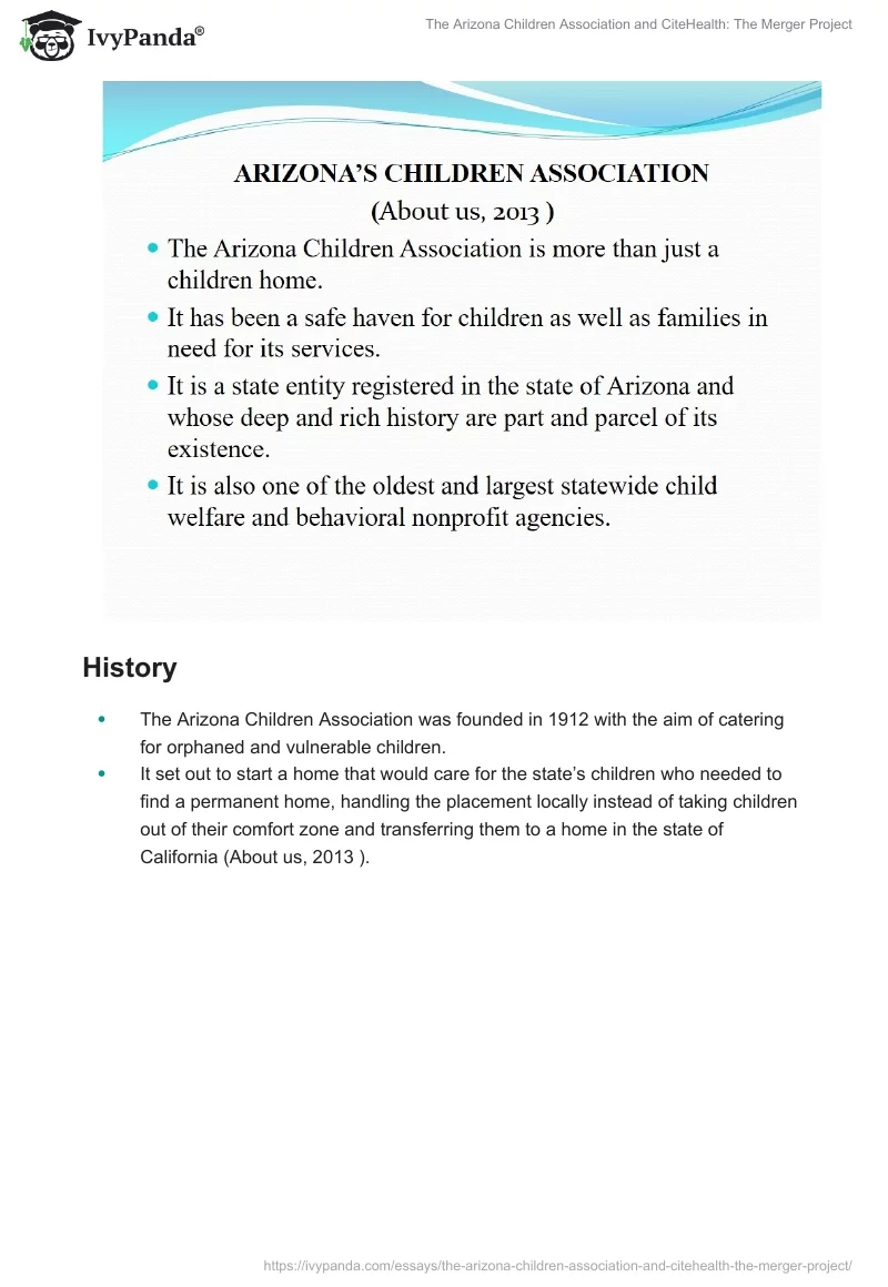 The Arizona Children Association and CiteHealth: The Merger Project. Page 3