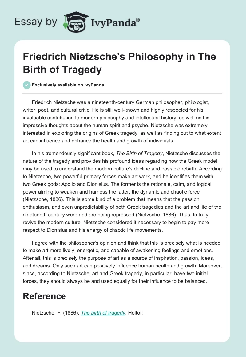 Friedrich Nietzsche's Philosophy in The Birth of Tragedy. Page 1