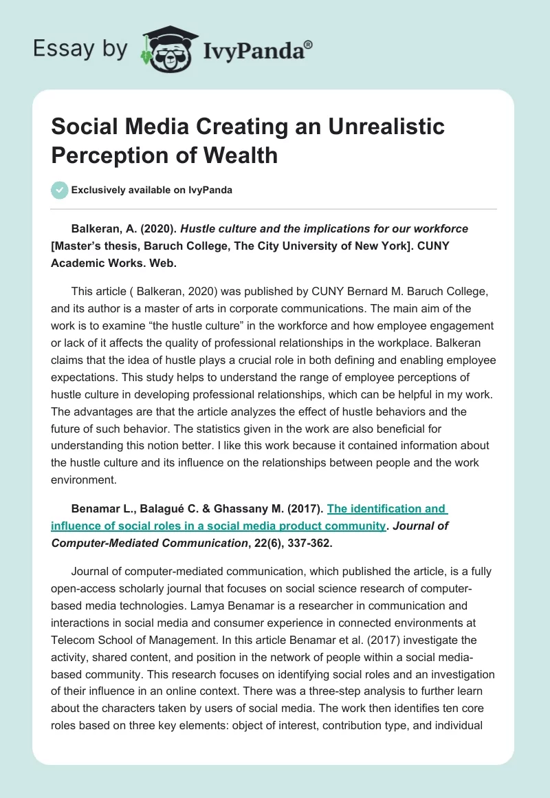 Social Media Creating an Unrealistic Perception of Wealth. Page 1