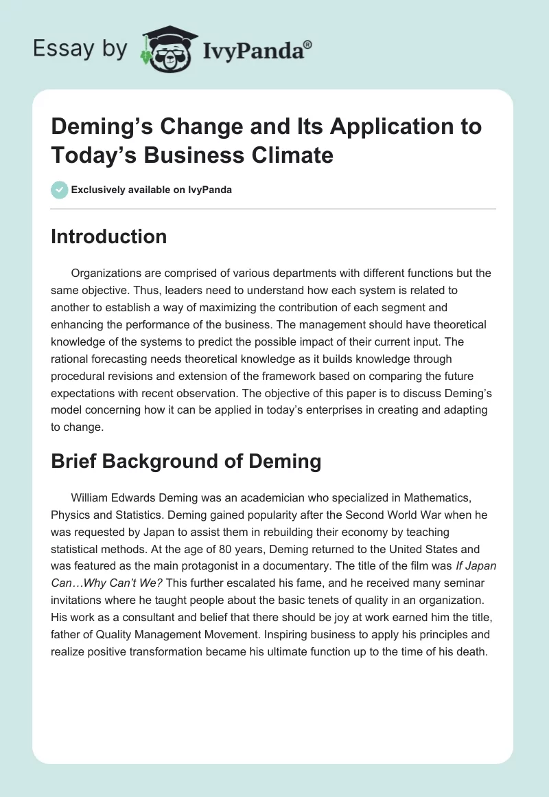 Deming’s Change and Its Application to Today’s Business Climate. Page 1