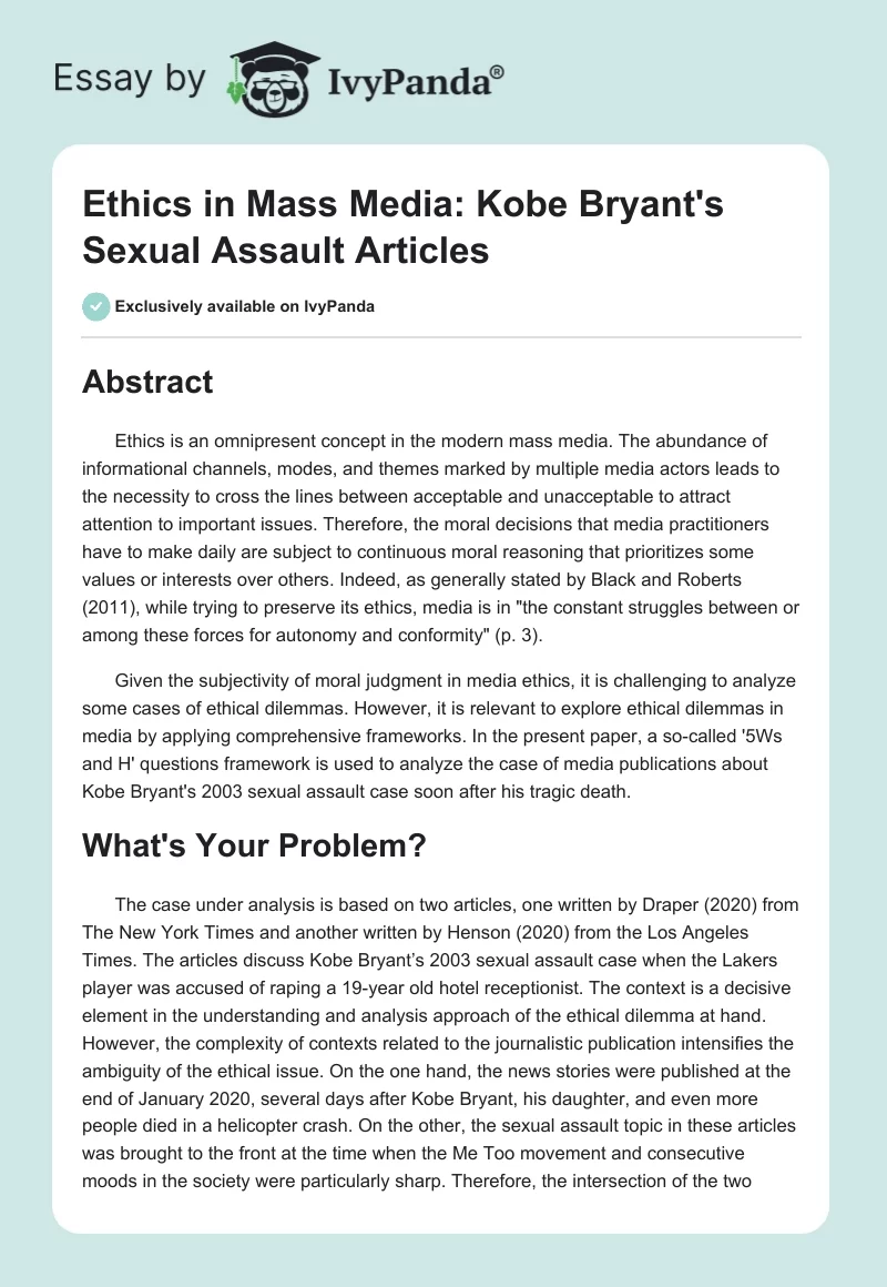 Ethics in Mass Media: Kobe Bryant's Sexual Assault Articles. Page 1