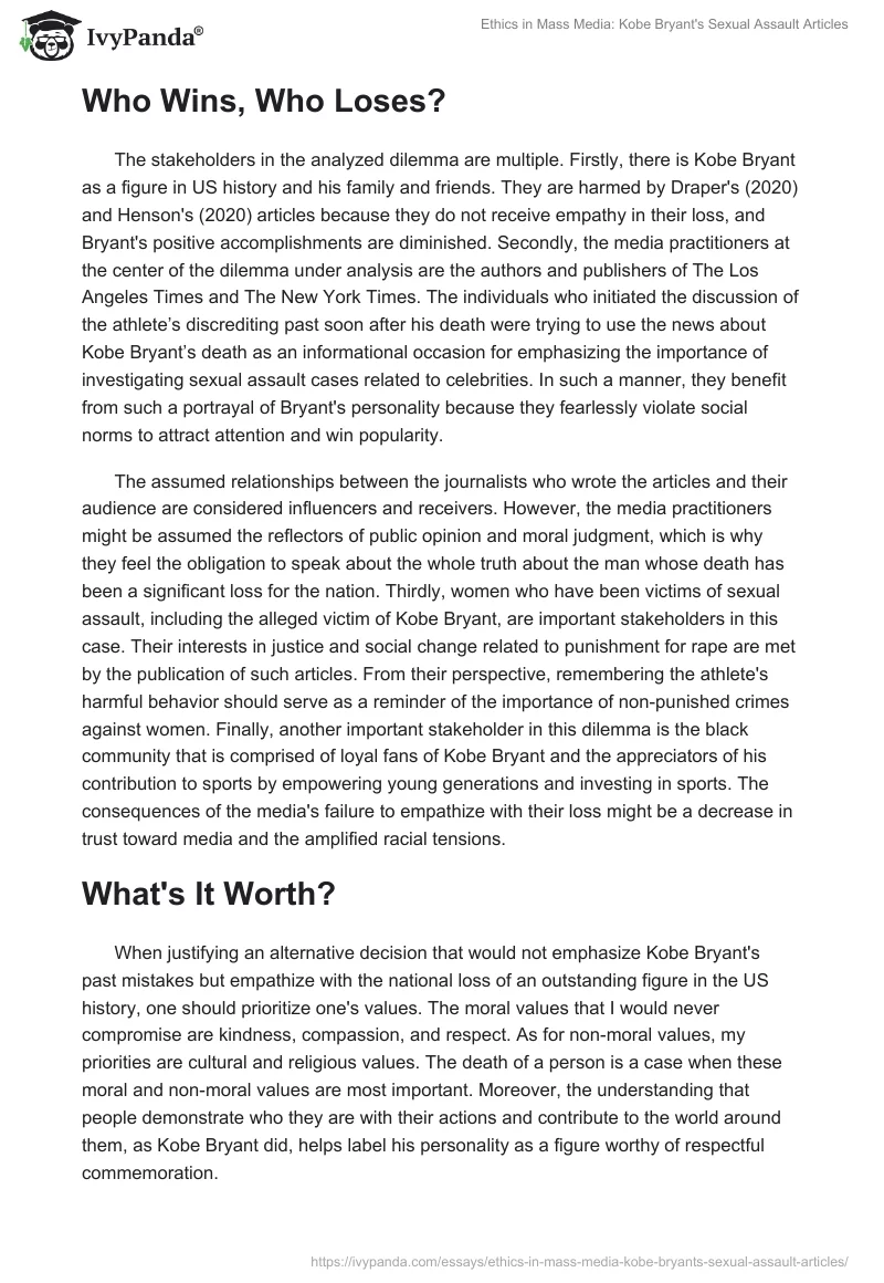 Ethics in Mass Media: Kobe Bryant's Sexual Assault Articles. Page 3