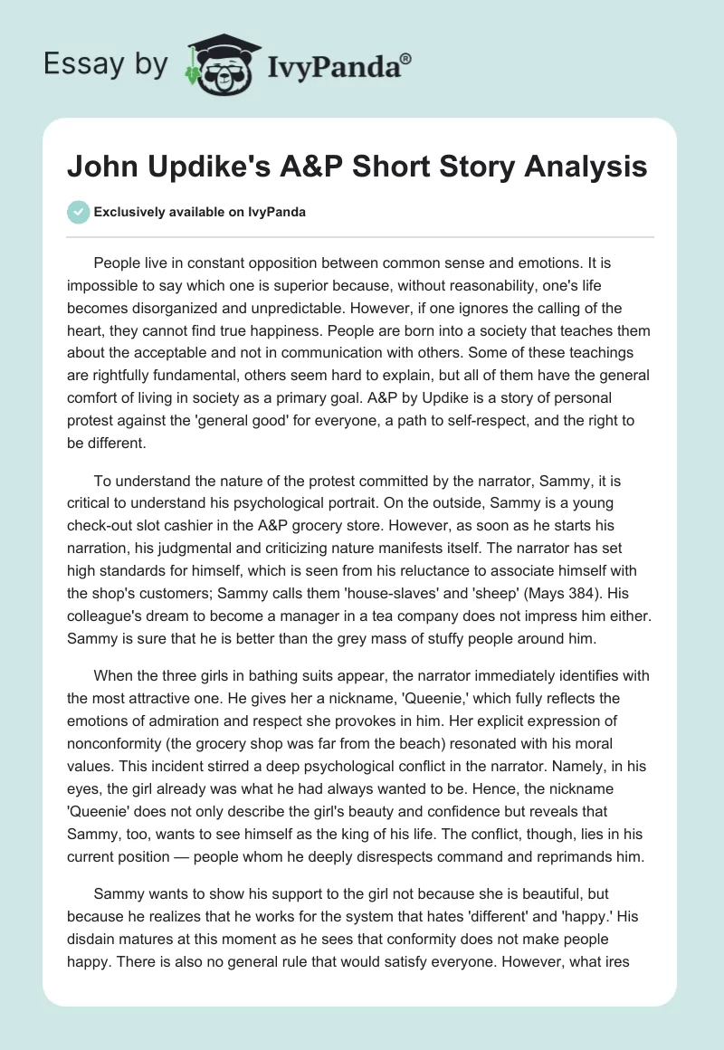 John Updike's "A&P" Short Story Analysis. Page 1