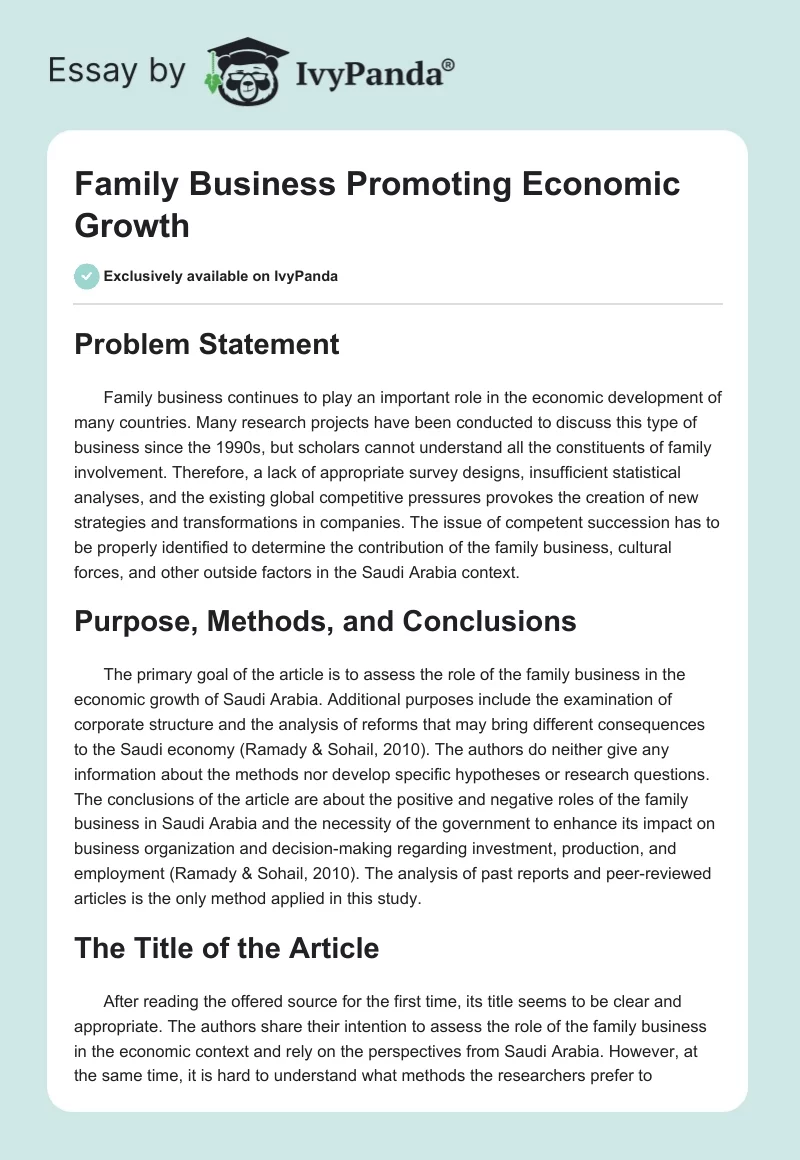 Family Business Promoting Economic Growth. Page 1