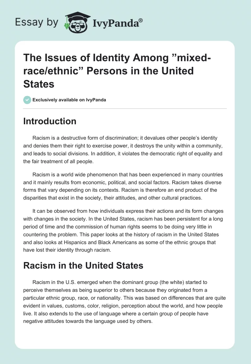 The Issues of Identity Among ”mixed-race/ethnic” Persons in the United States. Page 1