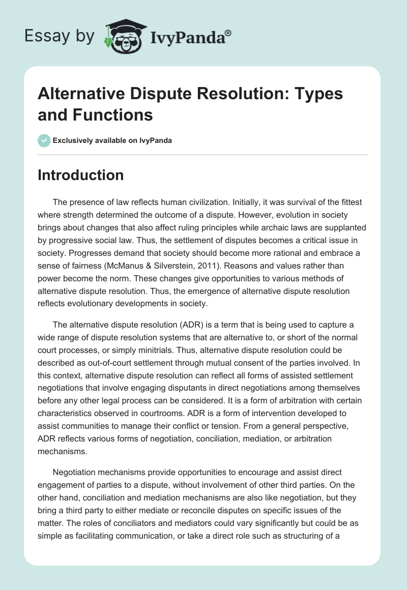 Alternative Dispute Resolution: Types and Functions. Page 1