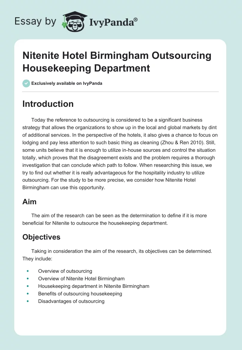 Nitenite Hotel Birmingham Outsourcing Housekeeping Department. Page 1