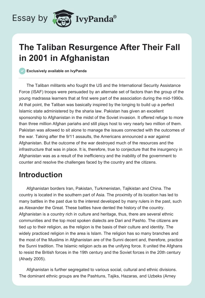 The Taliban Resurgence After Their Fall in 2001 in Afghanistan. Page 1