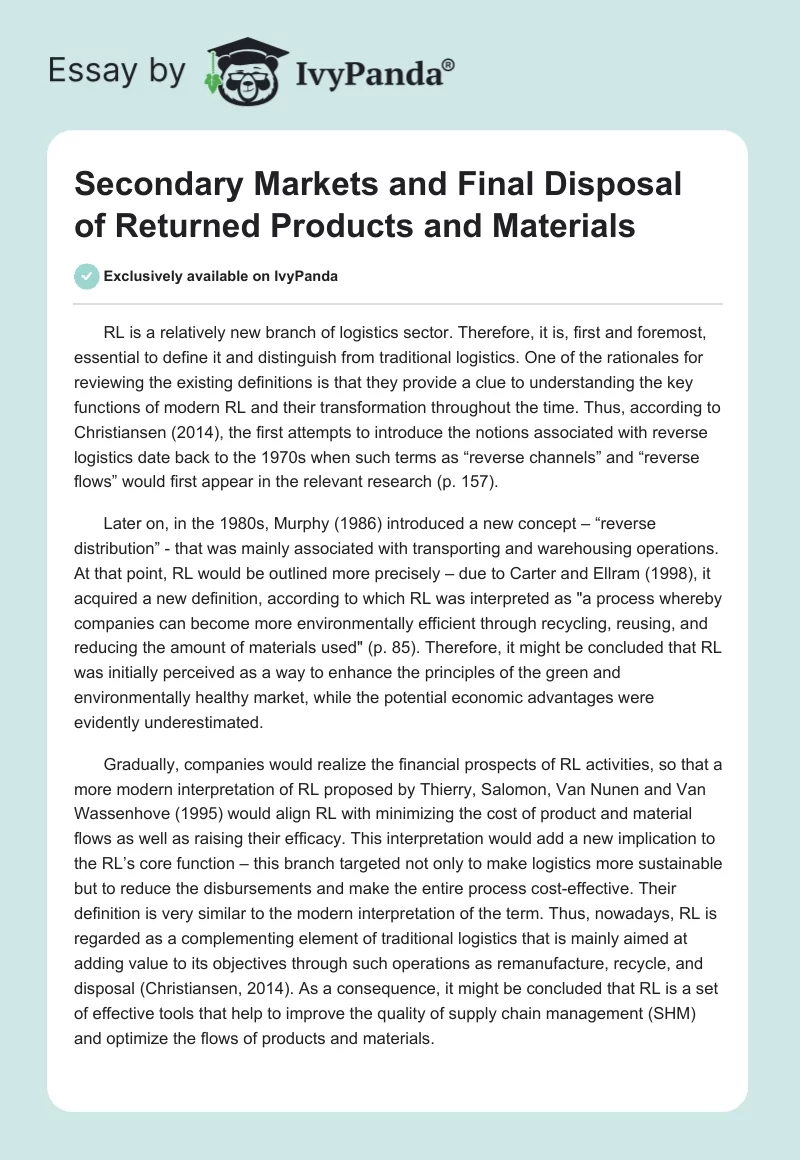 Secondary Markets and Final Disposal of Returned Products and Materials. Page 1