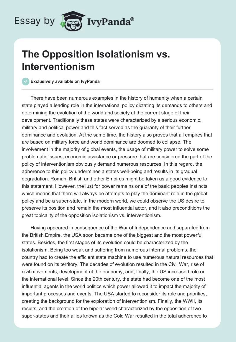 The Opposition Isolationism vs. Interventionism. Page 1