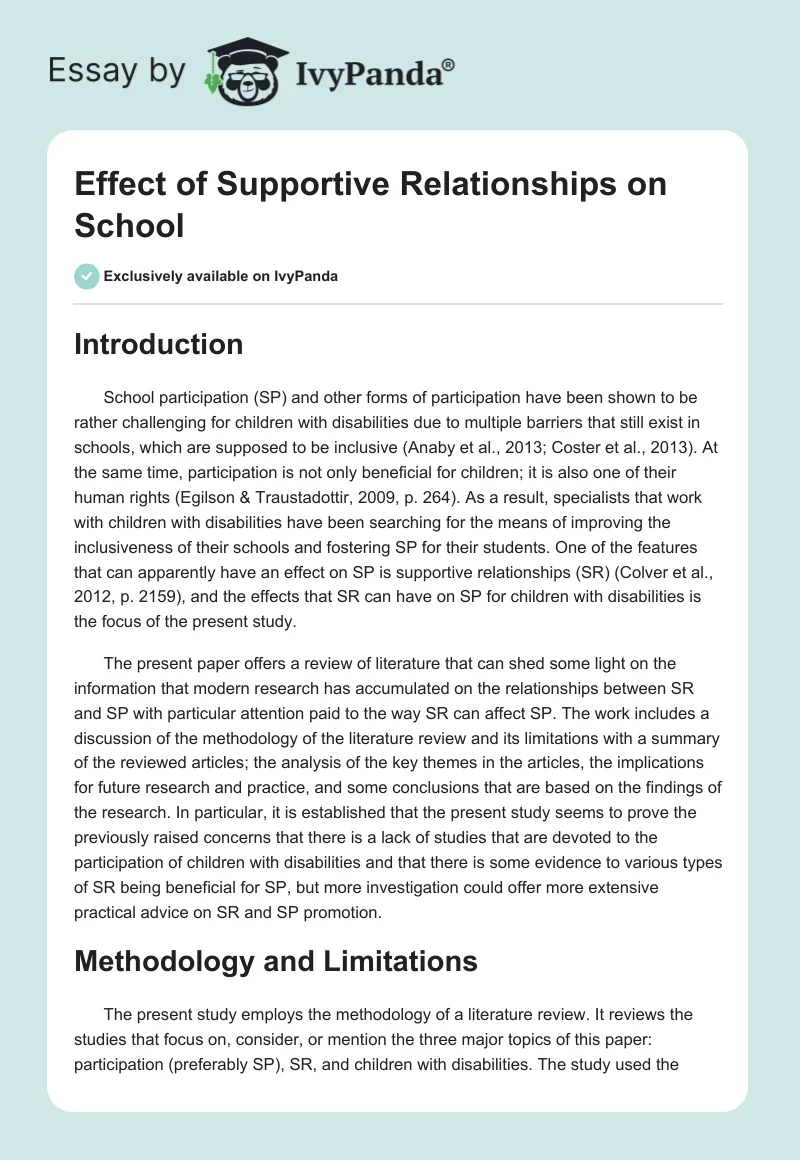 Effect of Supportive Relationships on School. Page 1