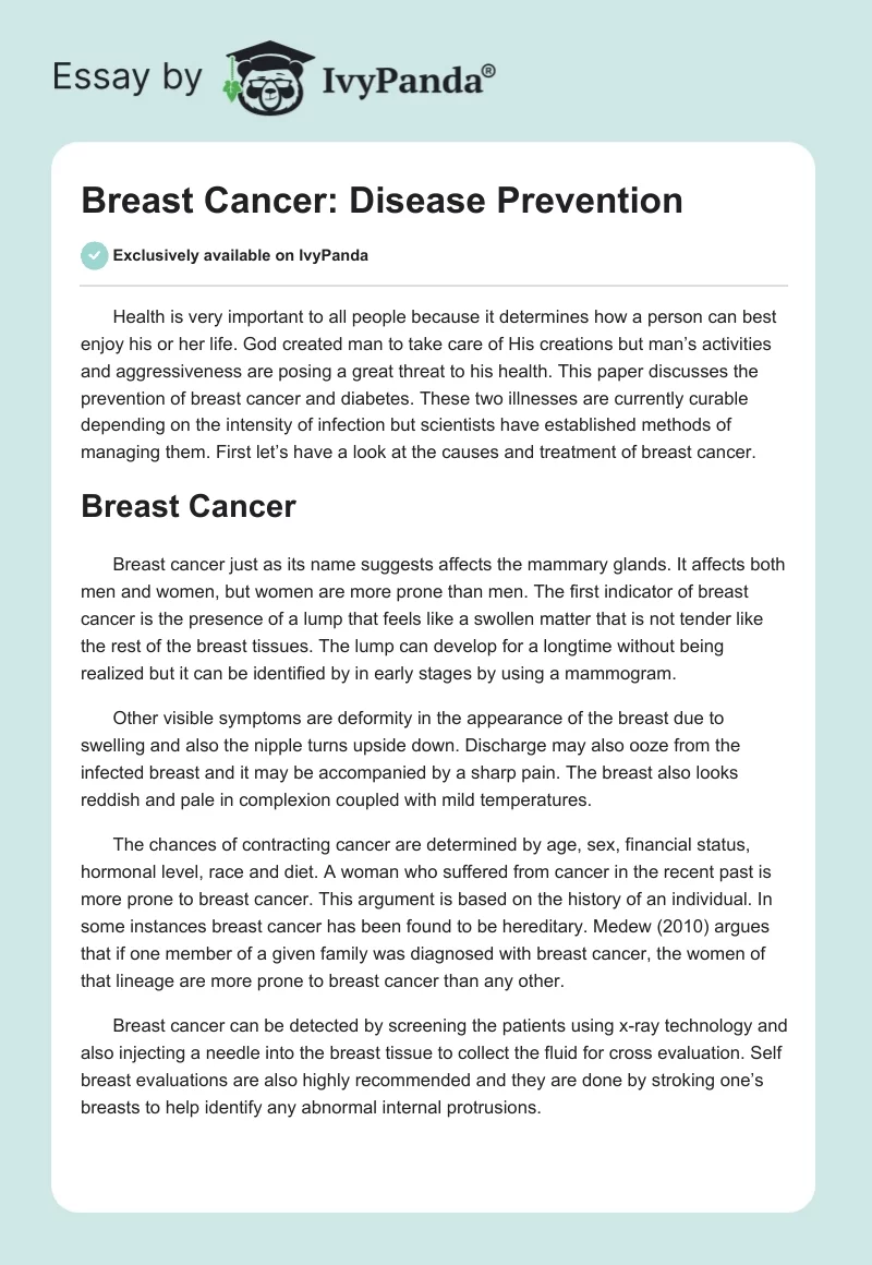 Breast Cancer: Disease Prevention. Page 1